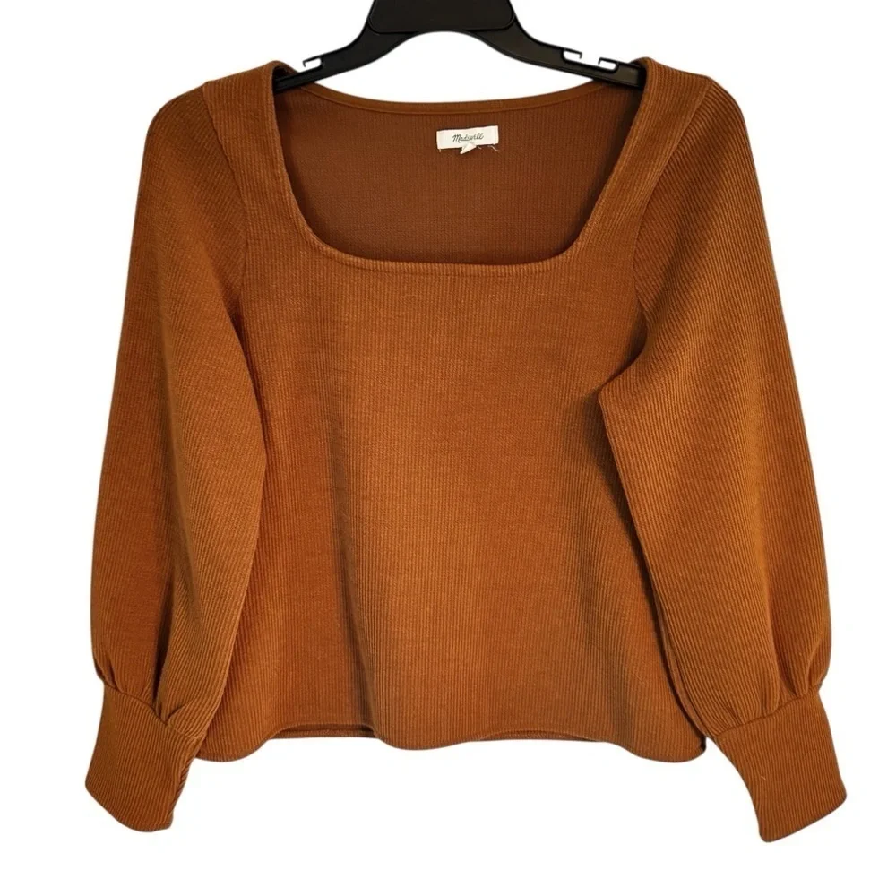 Madewell Ottoman Rib Puff Sleeve Square Neck Sweater In Brown Dried Cedar Sz XL